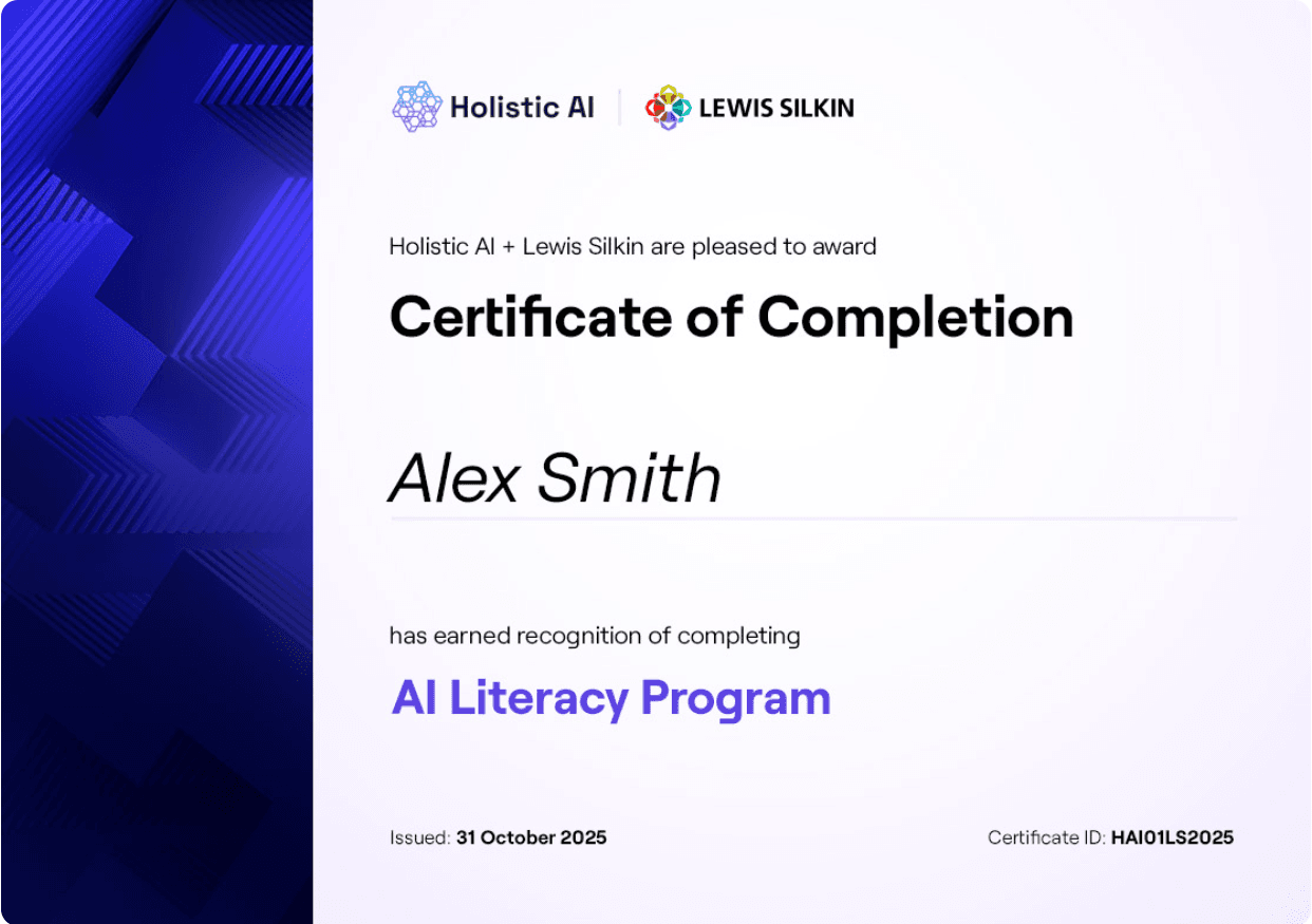 Example AI Literacy Program certificate of completion issued by Holistic AI and Lewis Silkin